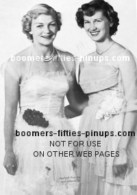 wanda and eva in retro prom dresses, 1950s clothing