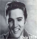 Elvis, hair greased, tall on top, long on sides, duck tail pompadour